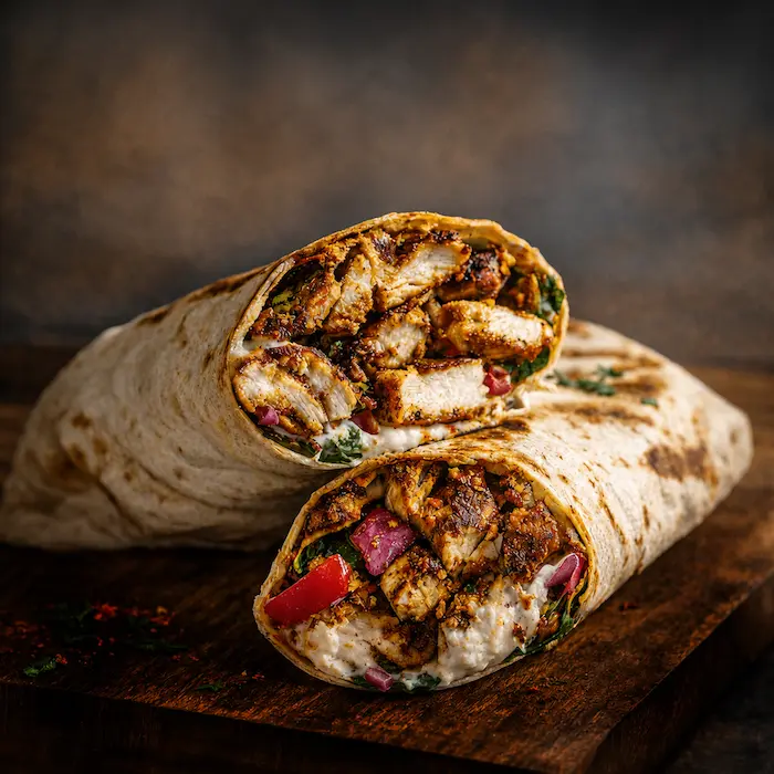 Chicken shawarma wraps served on freshly baked saj bread at Saj Fresh Grill, a Mediterranean restaurant in Aurora, Colorado."