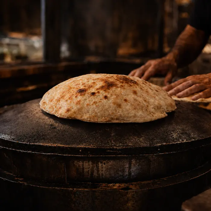 Fresh saj bread baking on a traditional griddle at Saj Fresh Grill in Aurora, Colorado, where every shawarma wrap begins.