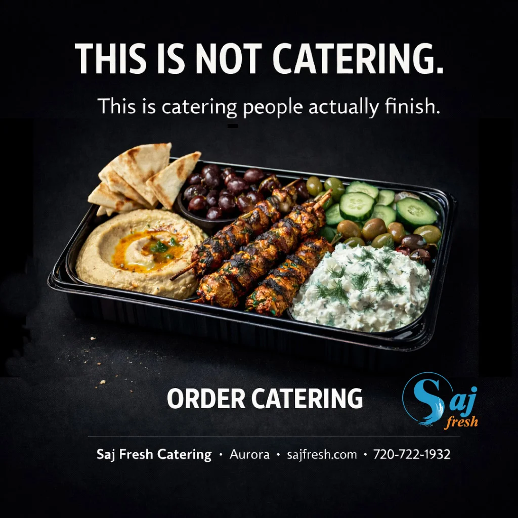 644449310_1603222111803839_3753019198738554735_n Authentic Mediterranean catering tray with grilled chicken kabobs, hummus, pita bread, olives, cucumber salad, and Palestinian cuisine from Saj Fresh Grill in Aurora, Colorado