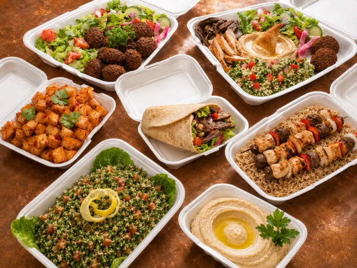 Saj_plates Halal Mediterranean catering in Aurora with kabobs falafel hummus tabbouleh salad and spicy potatoes