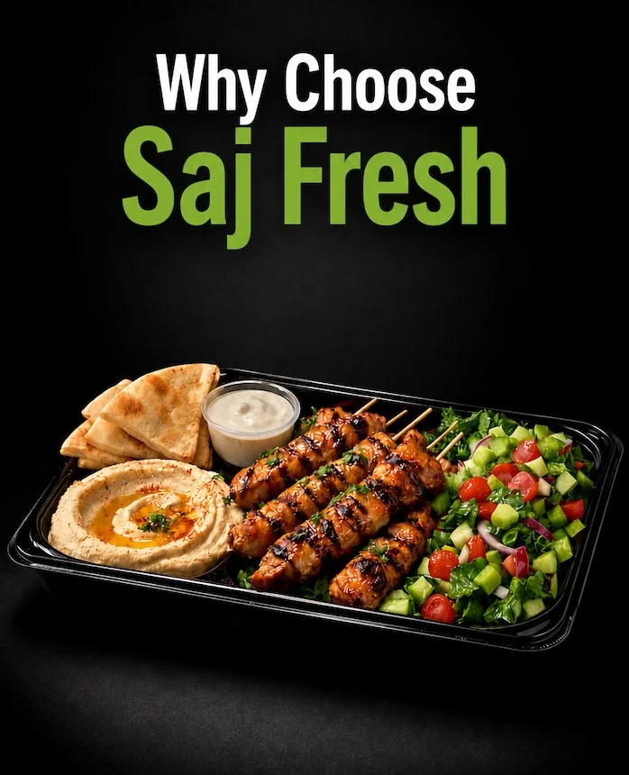 Mediterranean office catering platter with grilled chicken kabobs, hummus, pita bread, and fresh salad from Saj Fresh Grill serving Aurora, Denver, and the Denver Tech Center (DTC) area.