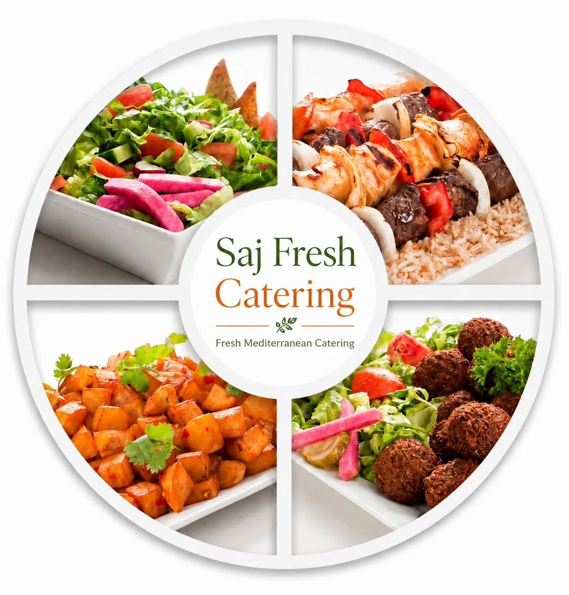 Saj Fresh Grill Mediterranean catering collage with kabob falafel salad and potatoes