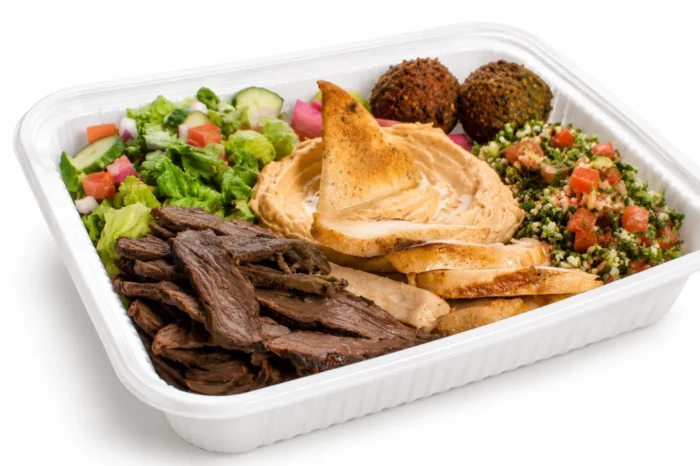 Halal shawarma platter with hummus tabbouleh salad and falafel by Saj Fresh Grill