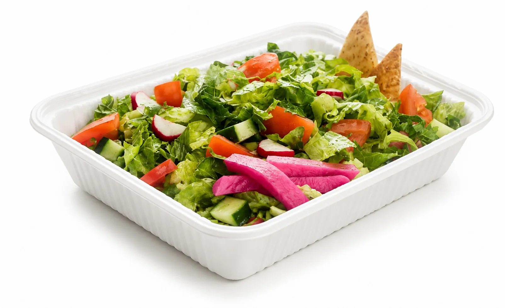 Fresh Mediterranean salad with tomatoes cucumber radish and pita chips