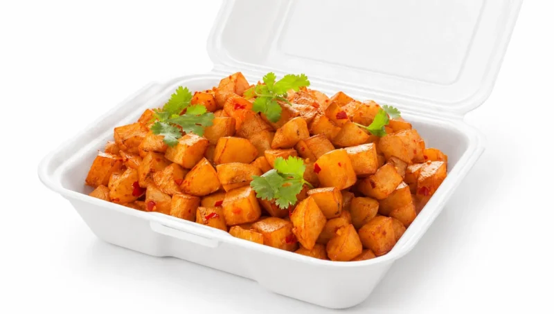 Spicy roasted potatoes in white catering container